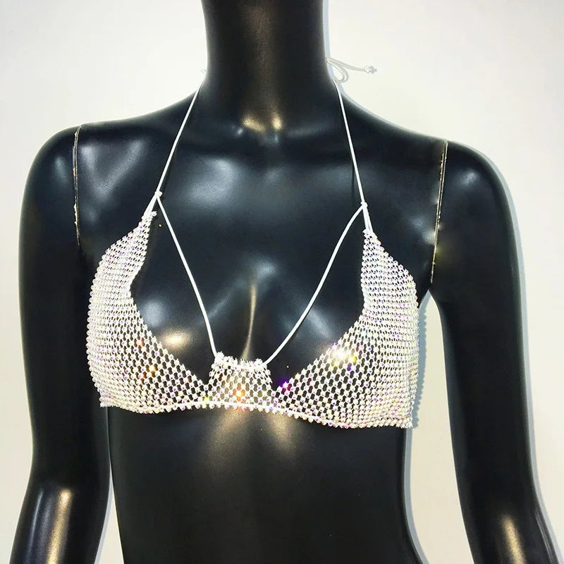 Fishnet Mesh Bikini Top - Backless Deep V-Neck Crop Top