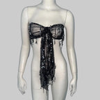 Sequin Tassel Mesh Tube Top - Sheer Backless Bandage Crop Top
