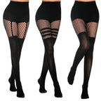 Black Hollow-Out Fishnet Tights | Stripe, Patchwork & Suspender | One Size