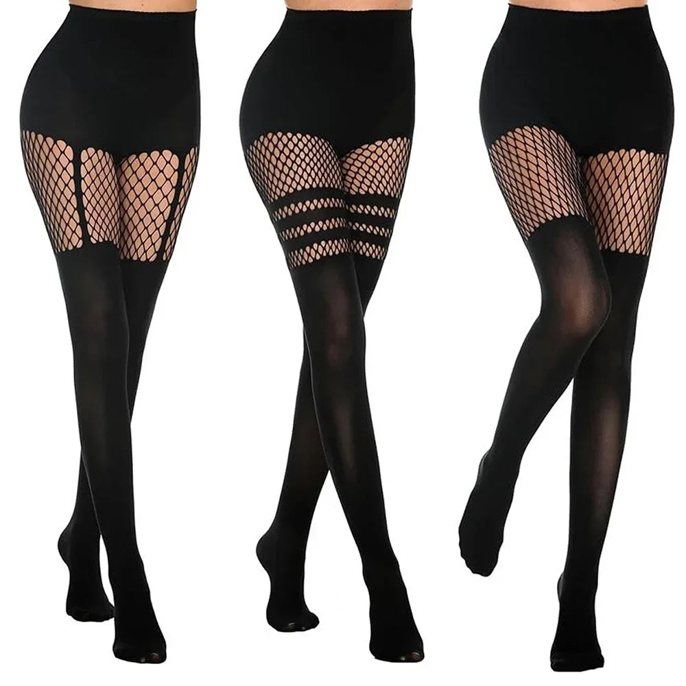 Black Hollow-Out Fishnet Tights | Stripe, Patchwork & Suspender | One Size