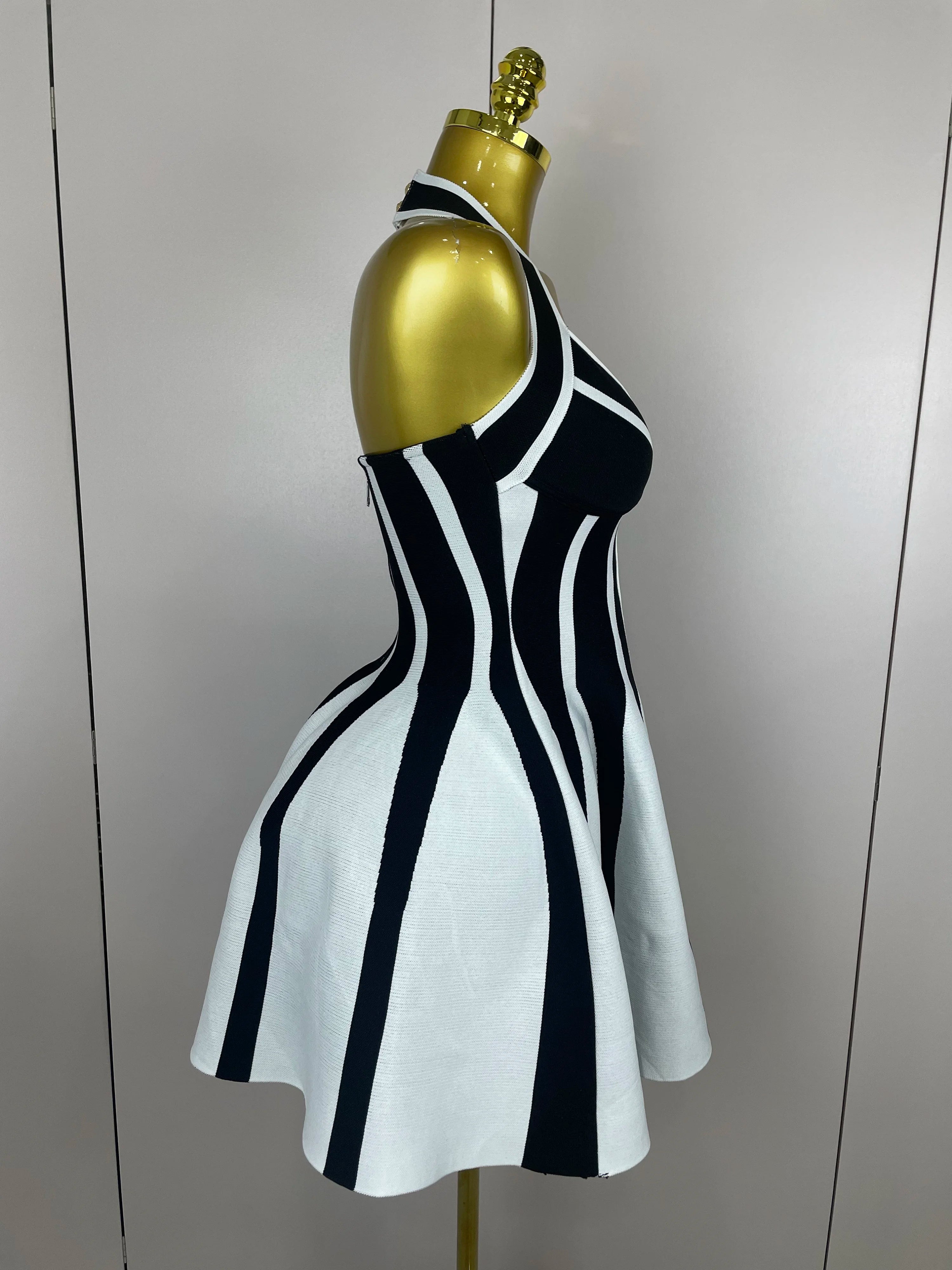 Stripe Halter Bandage Dress | Black & White | Mini