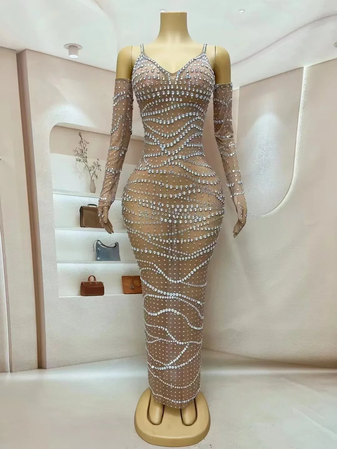 Rhinestone Glove Dress | Pearl & Crystal | Maxi Gown