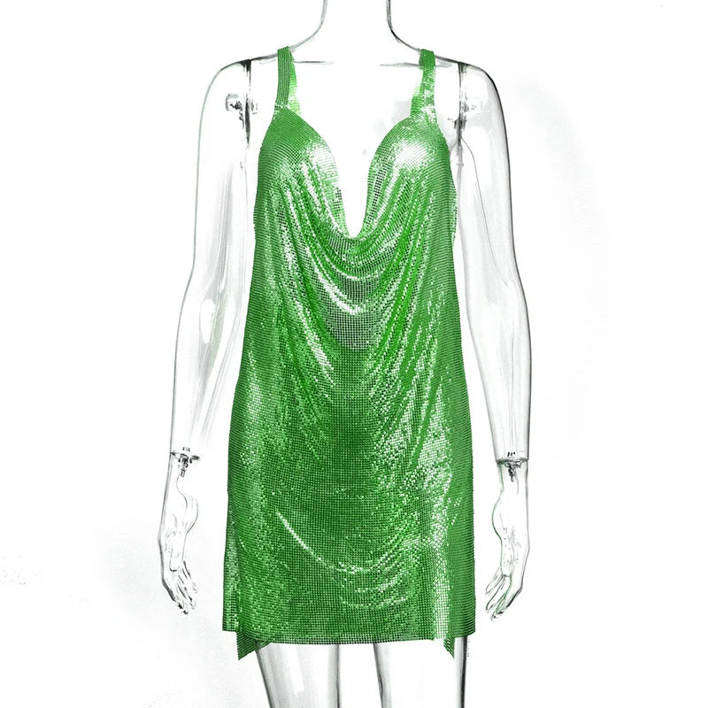Sparkly Metal Sequin Halter Mini Dress - Backless Side Split Party Dress
