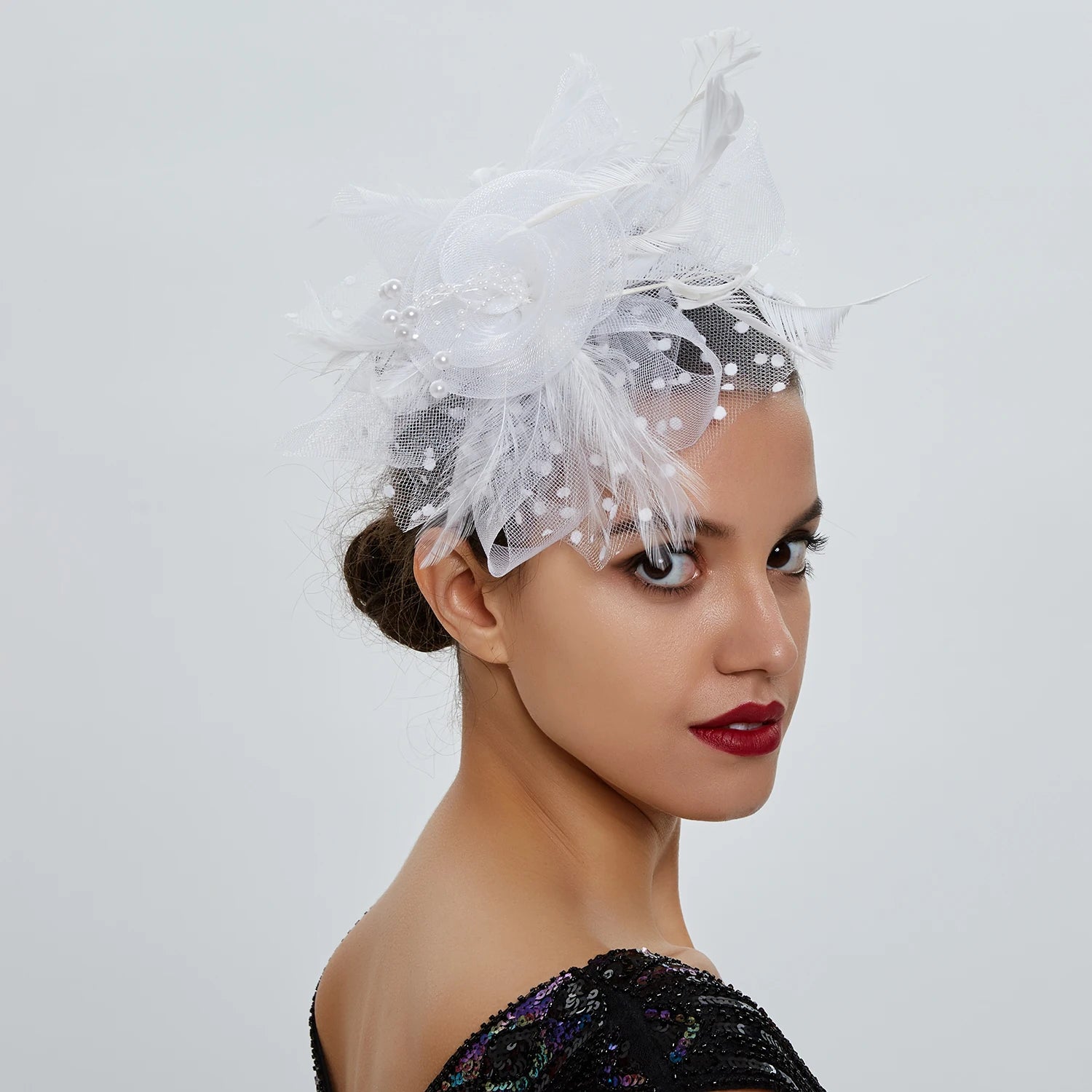 Feather Flower Fascinator Hat | Floral Mesh Headband | 36 Colors