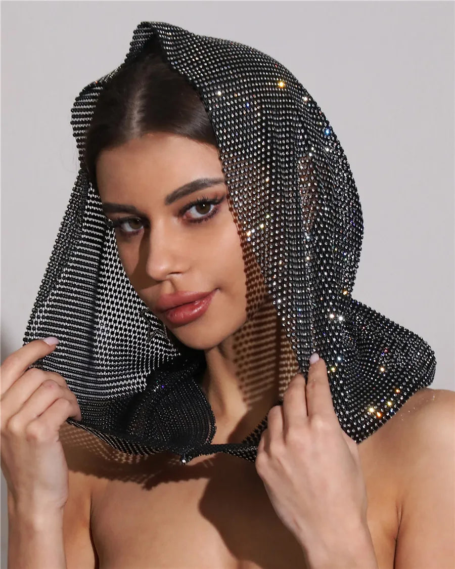 Rhinestone Mesh Hood - Sheer Fishnet Performance Headpiece