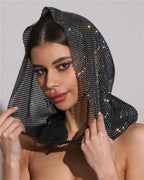 Rhinestone Mesh Hood - Sheer Fishnet Performance Headpiece