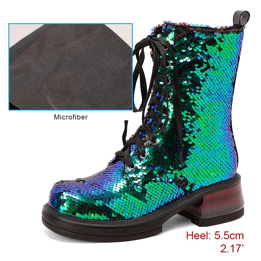 Sequin Ankle Boots | Lace-Up | 5.5cm Heel