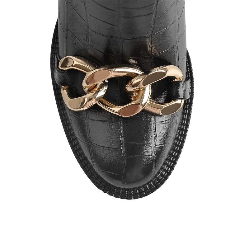 Black Croc Platform Ankle Boots | Gold Chain | High Heel | Sizes 5–15