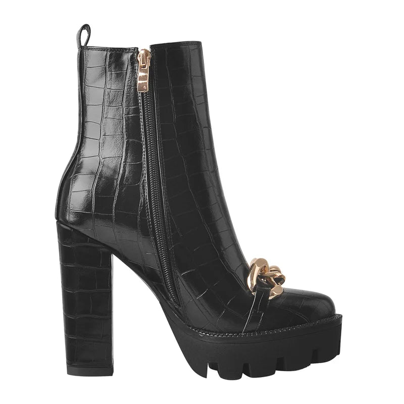 Black Croc Platform Ankle Boots | Gold Chain | High Heel | Sizes 5–15