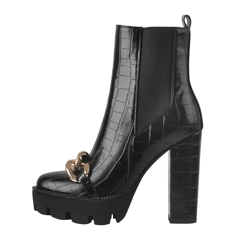 Black Croc Platform Ankle Boots | Gold Chain | High Heel | Sizes 5–15