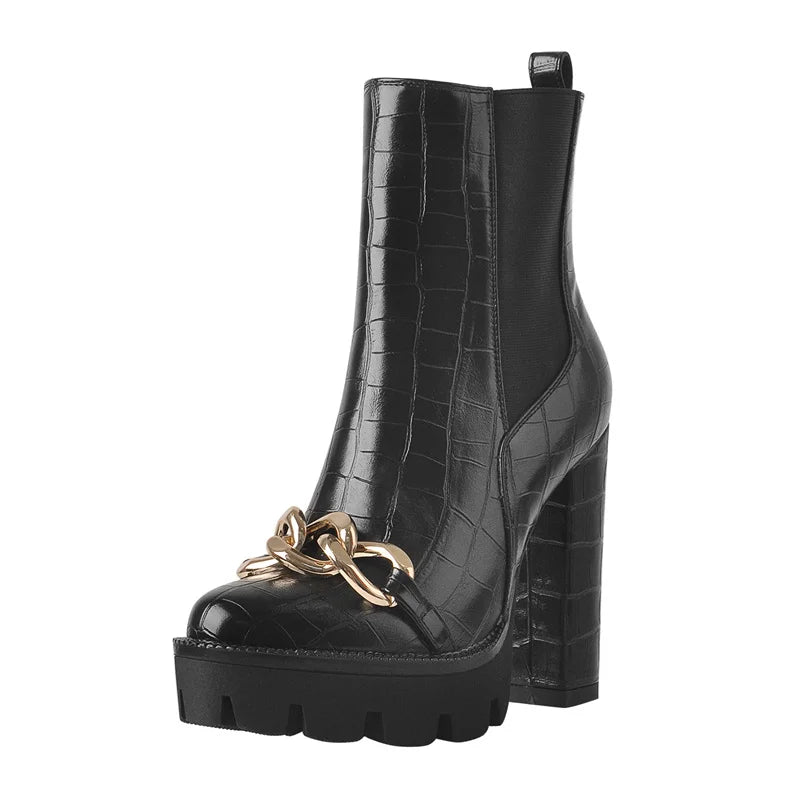 Black Croc Platform Ankle Boots | Gold Chain | High Heel | Sizes 5–15