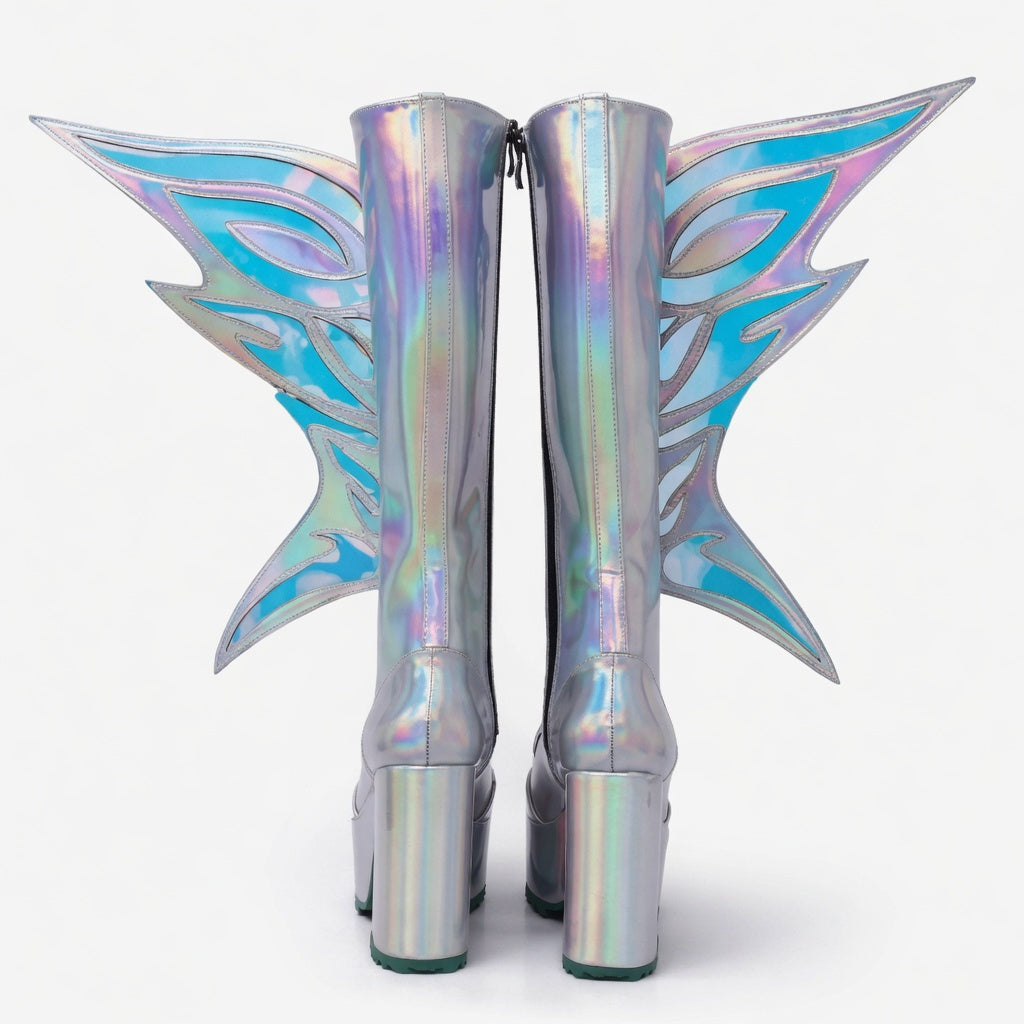 Holographic Winged Knee-High Platform Boots