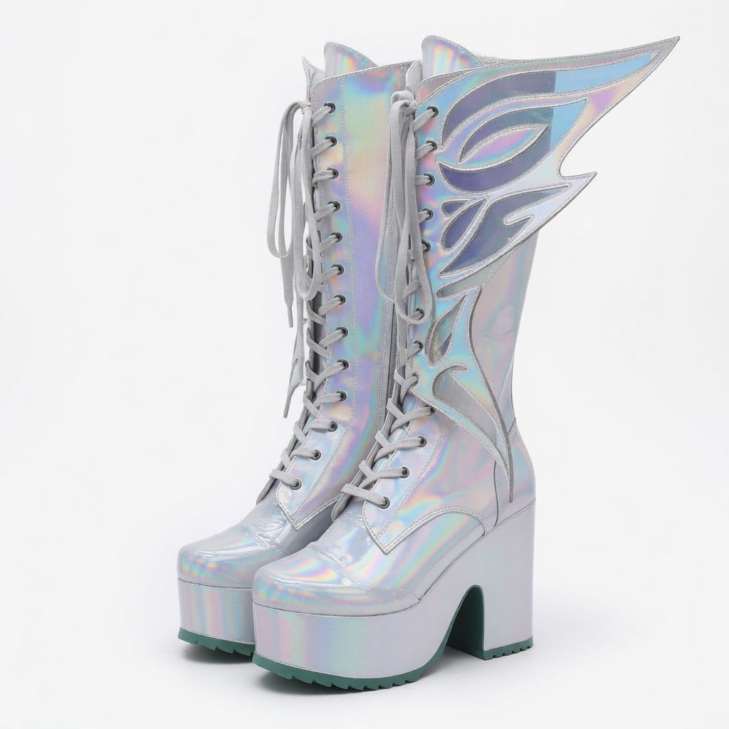 Holographic Winged Knee-High Platform Boots