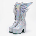 Holographic Winged Knee-High Platform Boots