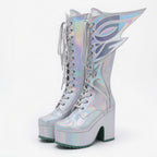 Holographic Winged Knee-High Platform Boots