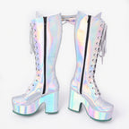 Holographic Winged Knee-High Platform Boots