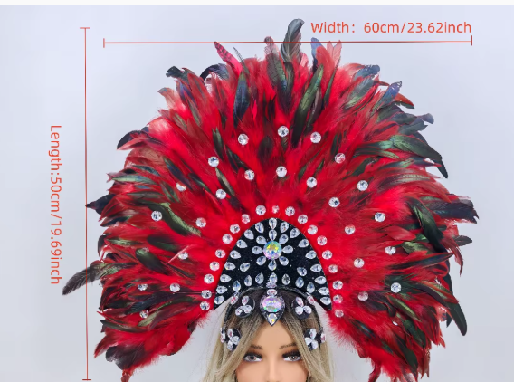 Red & Black Feather Headdress - Carnival Performance Headpiece