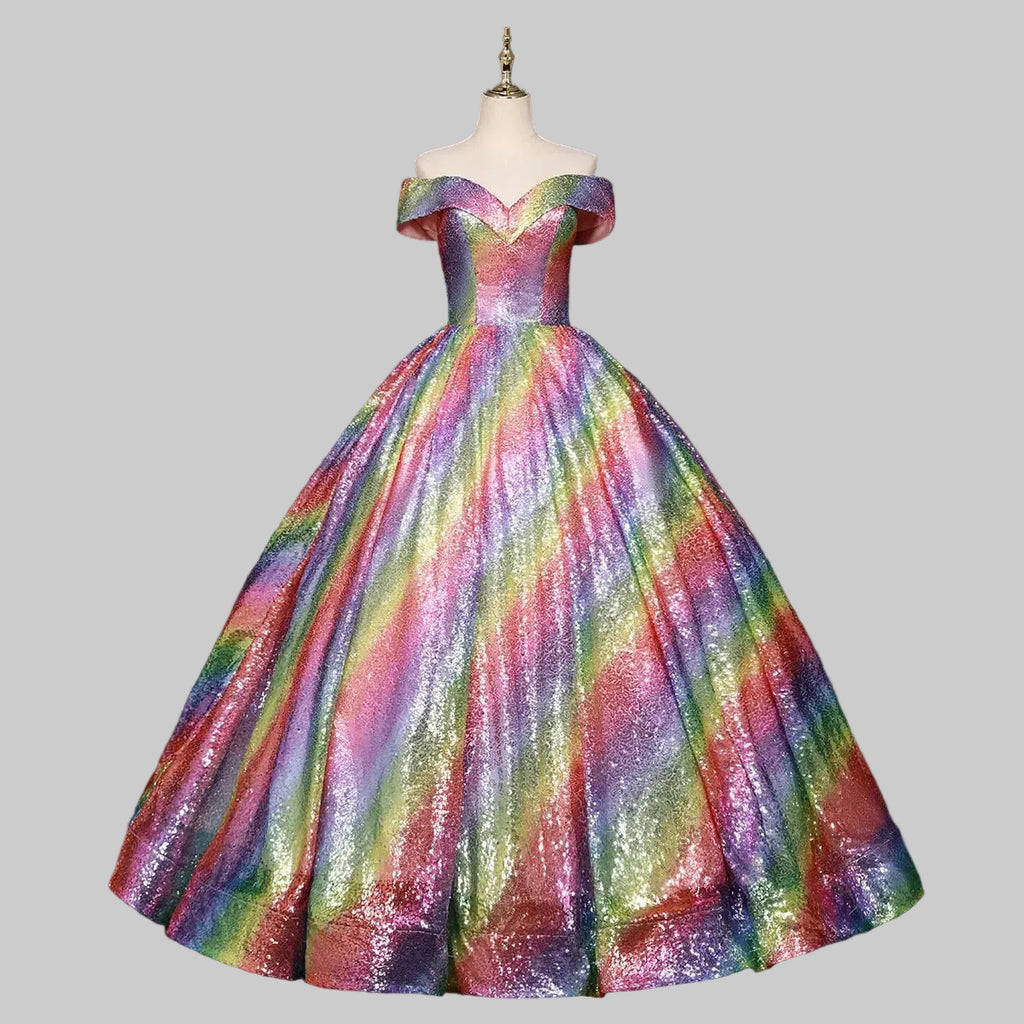 Rainbow Sequin Ball Gown | Off-Shoulder | Floor-Length