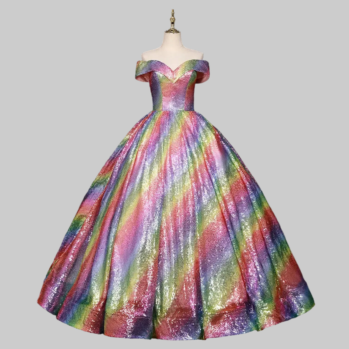 Rainbow Sequin Ball Gown | Off-Shoulder | Floor-Length