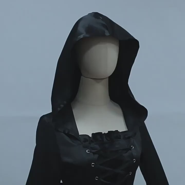 Gothic Hooded Witch Gown | Corset Lace-Up | Bell Sleeve Maxi Dress